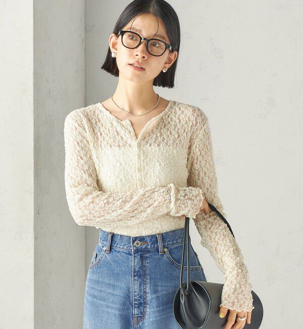 SHIPS for women「〈手洗い可能〉シュリンク レース ヘンリーネック 2WAY プルオーバー」|Tシャツ・カットソー|