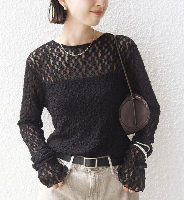 SHIPS for women「〈手洗い可能〉シュリンク レース ヘンリーネック 2WAY プルオーバー」|Tシャツ・カットソー|ブラック
