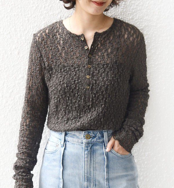 SHIPS for women「〈手洗い可能〉シュリンク レース ヘンリーネック 2WAY プルオーバー」|Tシャツ・カットソー|ブラウン