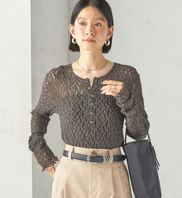 SHIPS for women「〈手洗い可能〉シュリンク レース ヘンリーネック 2WAY プルオーバー」|Tシャツ・カットソー|