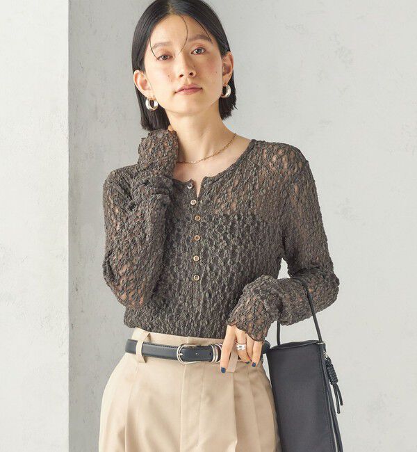 SHIPS for women「〈手洗い可能〉シュリンク レース ヘンリーネック 2WAY プルオーバー」|Tシャツ・カットソー|