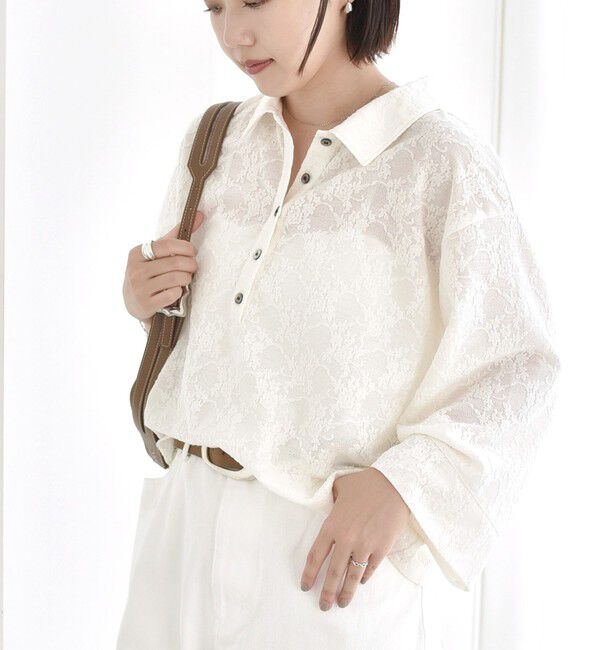 SHIPS for women「【WEB限定】〈手洗い可能〉シアー ジャカード ポロ ワイド スリーブ プルオーバー」|ポロシャツ|