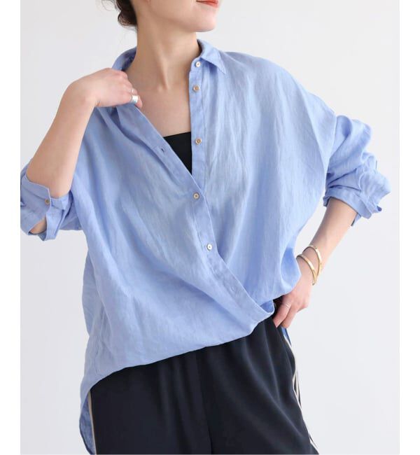 Spick and Span「《全15色 / 追加3》 80リネンカシュクール ビッグシャツ」|シャツ・ブラウス|サックスブルー