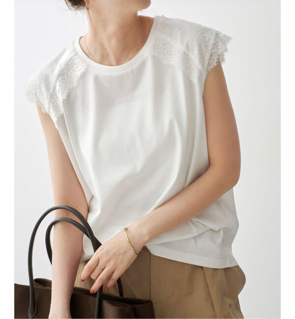 Spick and Span「レースコンビフレンチスリーブTシャツ」|Tシャツ・カットソー|ホワイト