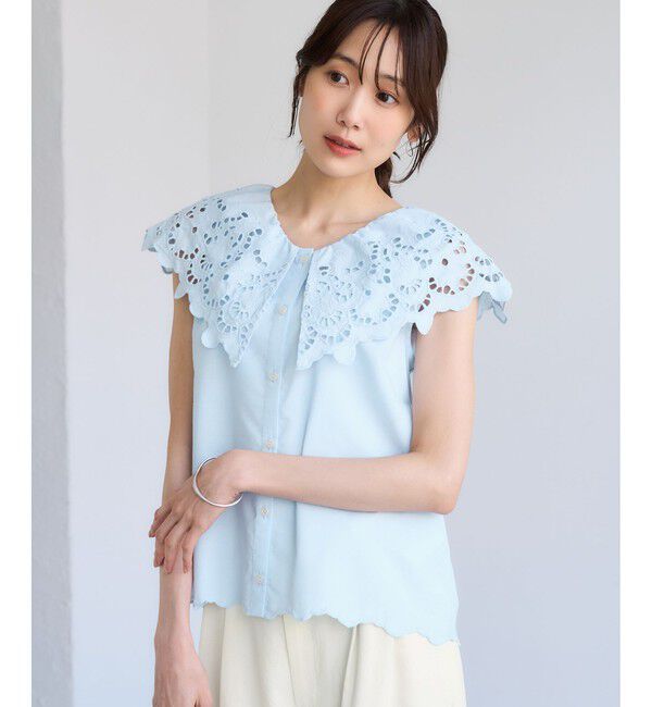 Rope&rsquo;Picnic「刺繍フリルブラウス」|シャツ・ブラウス|サックス(48)