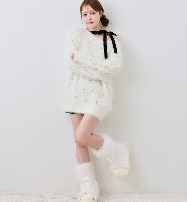  「【Premium order】リボン付きフェイクファー厚底ブーツ」|その他|