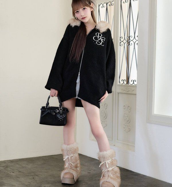  「【Premium order】リボン付きフェイクファー厚底ブーツ」|その他|