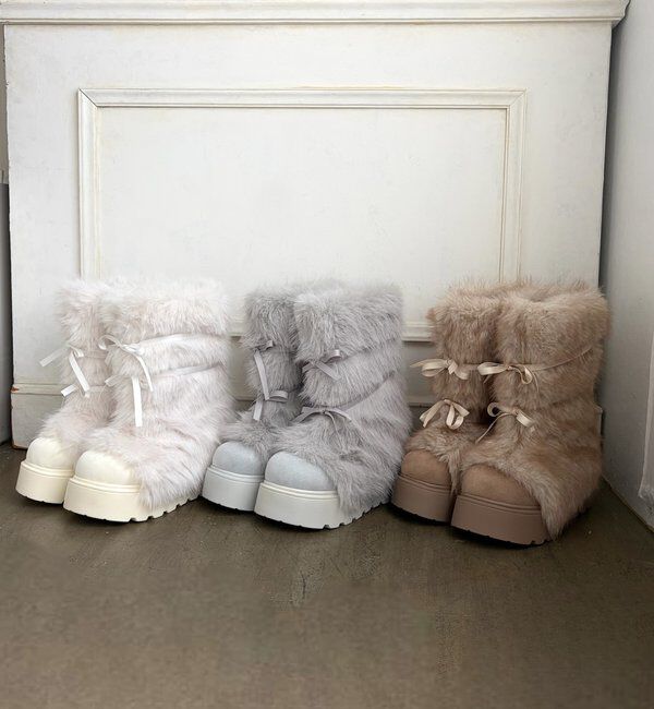  「【Premium order】リボン付きフェイクファー厚底ブーツ」|その他|