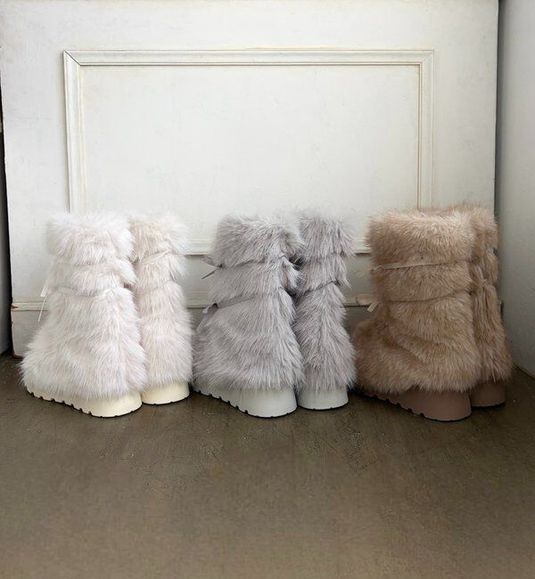  「【Premium order】リボン付きフェイクファー厚底ブーツ」|その他|
