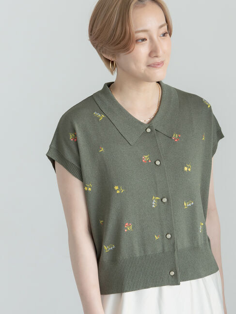 Te chichi「フラワー刺繍ポロカラーニット」|ニット・セーター|カーキ