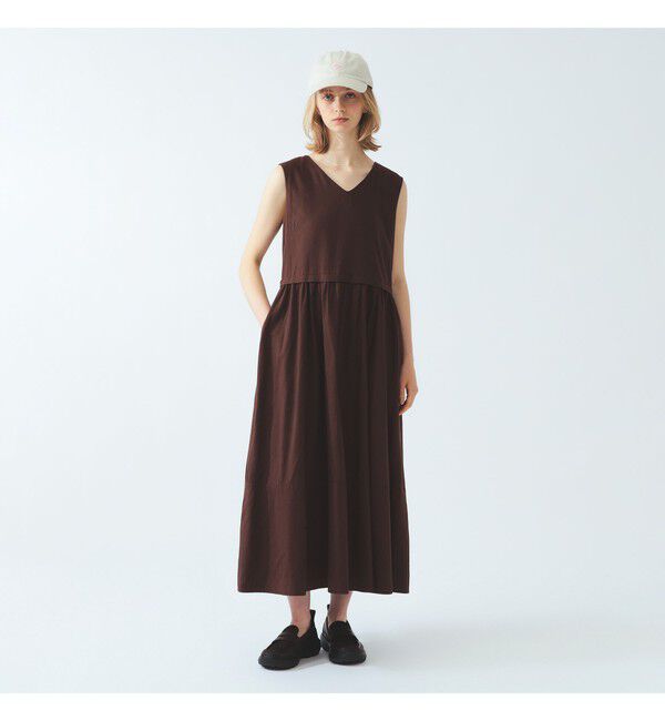 Ray BEAMS 「ギャザー キリカエ Vネック ノースリーブ ワンピース」|ワンピース|BROWN