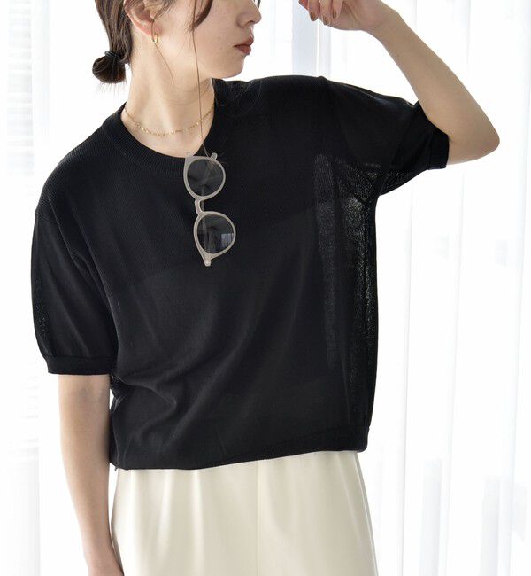 quaranciel「quaranciel:〈接触冷感/手洗い可能〉コンパクト シアー ニット TEE」|ニット・セーター|ブラック