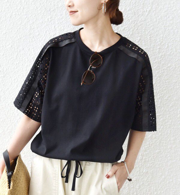 SHIPS for women「【WEB限定】〈手洗い可能〉レース コンビ ショート スリーブ カットソー」|Tシャツ・カットソー|