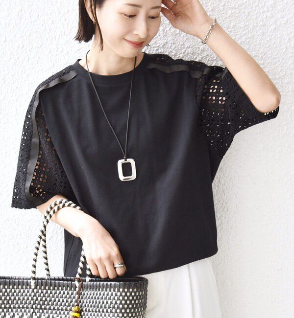 SHIPS for women「【WEB限定】〈手洗い可能〉レース コンビ ショート スリーブ カットソー」|Tシャツ・カットソー|