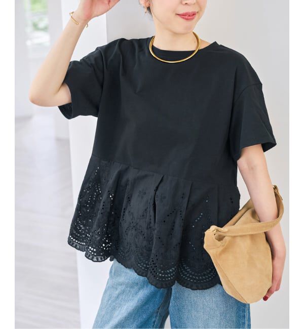 Spick and Span「《WEB限定 / 追加予約》カットワークレースペプラムTシャツ」|Tシャツ・カットソー|ブラック