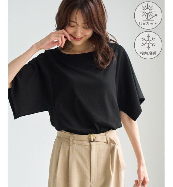 Rope&rsquo;Picnic「70シルケットハンカチスリーブトップス/UVカット・接触冷感」|Tシャツ・カットソー|ブラック(01)