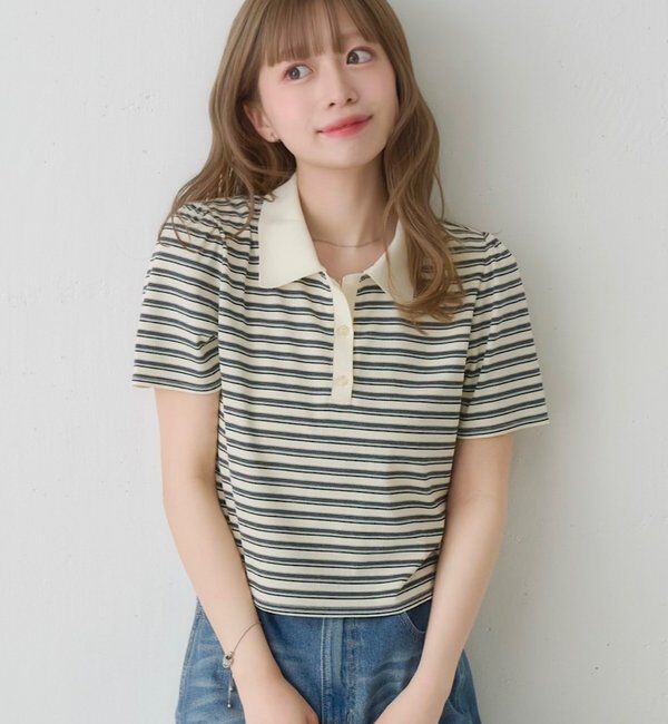  「【S.Mサイズ展開】ボーダーポロTEE」|ポロシャツ|アイボリー