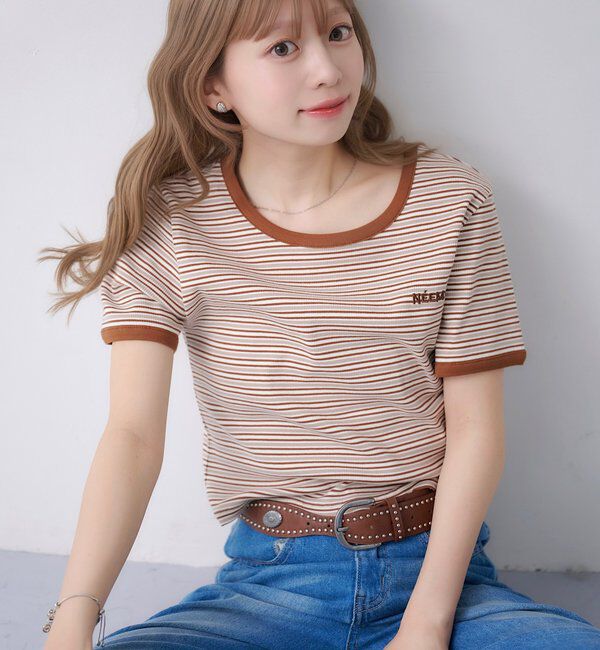  「ボーダー刺繍TEE」|Tシャツ・カットソー|