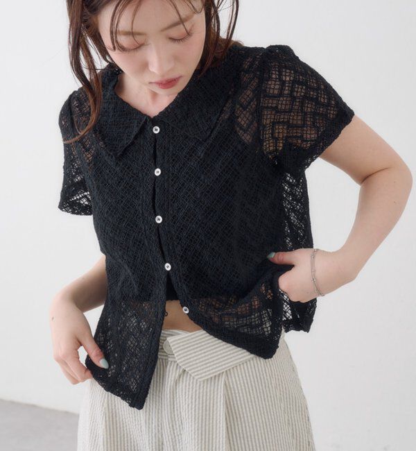  「【WEB先行】クロスジャガード半袖カーディガン」|Tシャツ・カットソー|ブラック