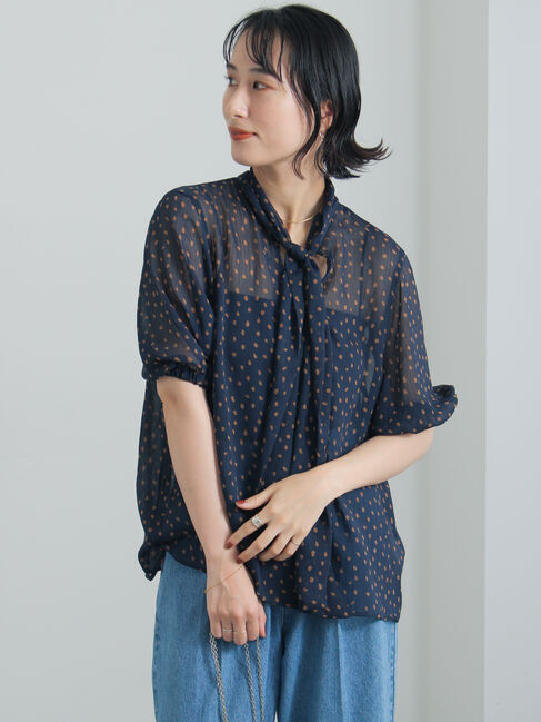 Te chichi「柄アソート楊柳シフォンボウタイブラウス」|シャツ・ブラウス|ネイビー