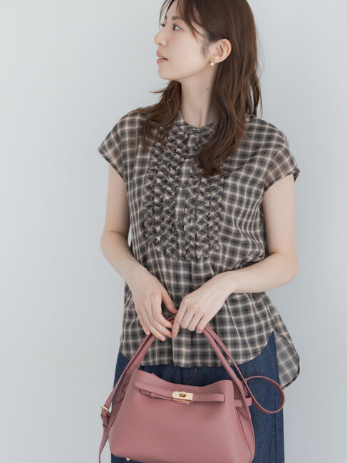 Te chichi「【イージーケア/通気性】チェックフリルフレンチスリーブブラウス」|シャツ・ブラウス|オレンジ