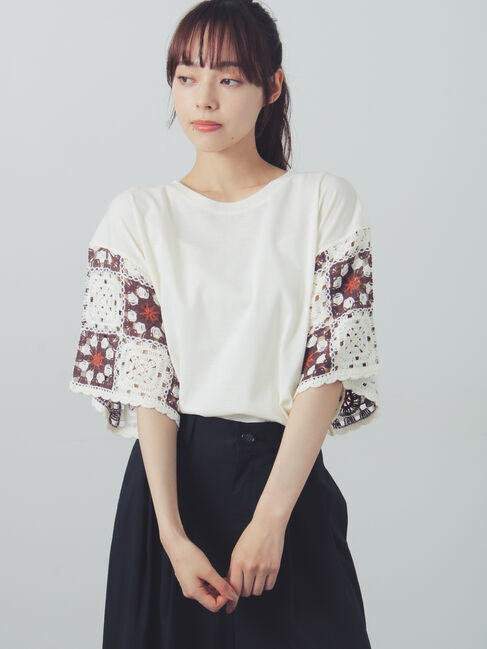Samansa Mos2「【接触冷感】モチーフ編みコンビカットソー」|Tシャツ・カットソー|