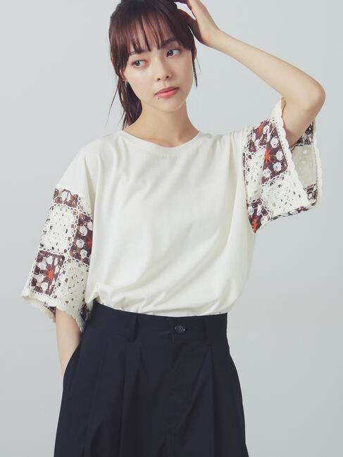 Samansa Mos2「【接触冷感】モチーフ編みコンビカットソー」|Tシャツ・カットソー|