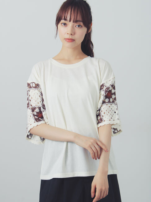 Samansa Mos2「【接触冷感】モチーフ編みコンビカットソー」|Tシャツ・カットソー|