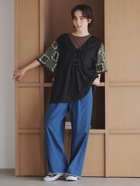 Samansa Mos2「【接触冷感】モチーフ編みコンビカットソー」|Tシャツ・カットソー|