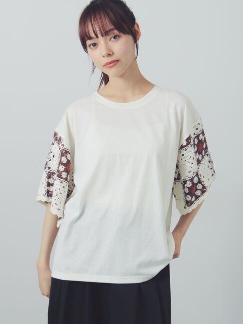 Samansa Mos2「【接触冷感】モチーフ編みコンビカットソー」|Tシャツ・カットソー|