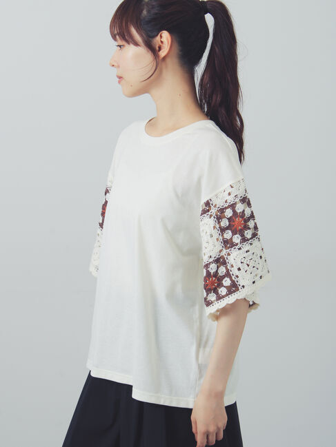 Samansa Mos2「【接触冷感】モチーフ編みコンビカットソー」|Tシャツ・カットソー|