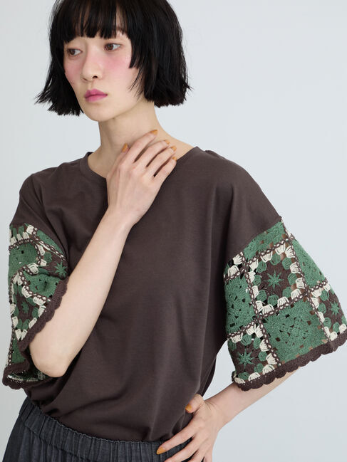 Samansa Mos2「【接触冷感】モチーフ編みコンビカットソー」|Tシャツ・カットソー|ブラウン