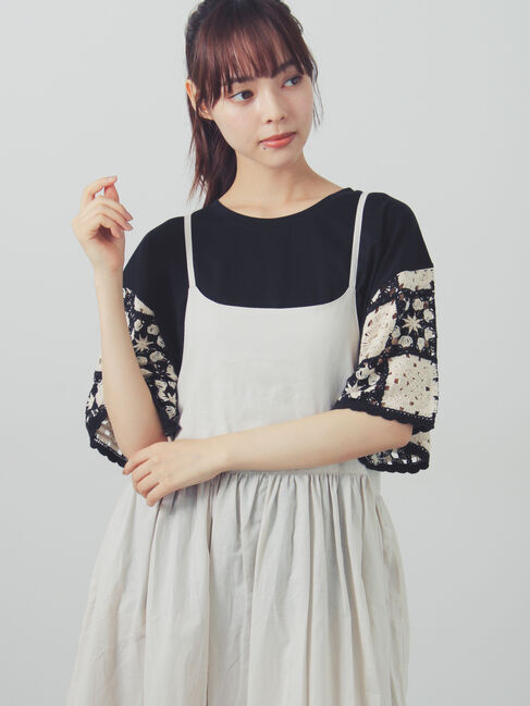Samansa Mos2「【接触冷感】モチーフ編みコンビカットソー」|Tシャツ・カットソー|ブラック