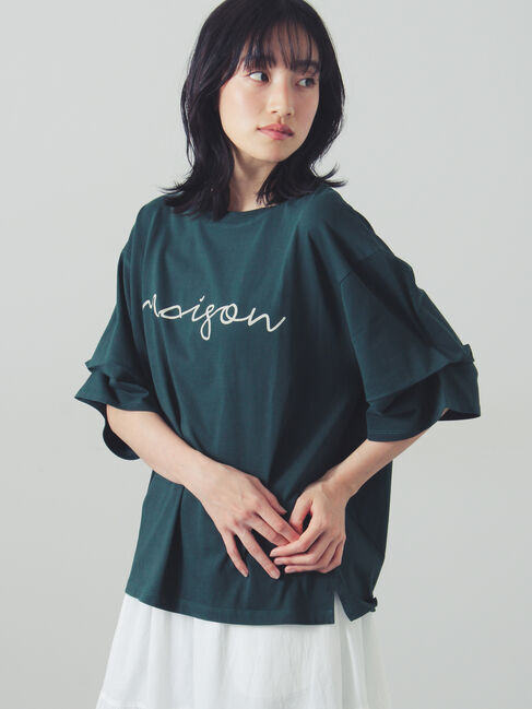 Samansa Mos2「袖タックゆるロゴプリントカットソー」|Tシャツ・カットソー|グリーン