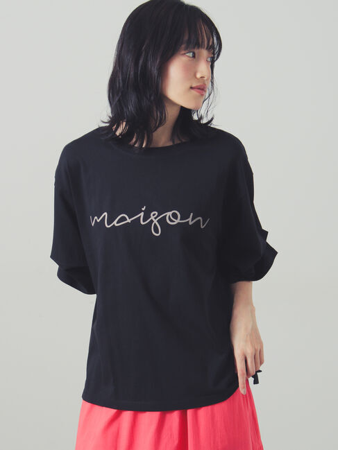 Samansa Mos2「袖タックゆるロゴプリントカットソー」|Tシャツ・カットソー|ブラック
