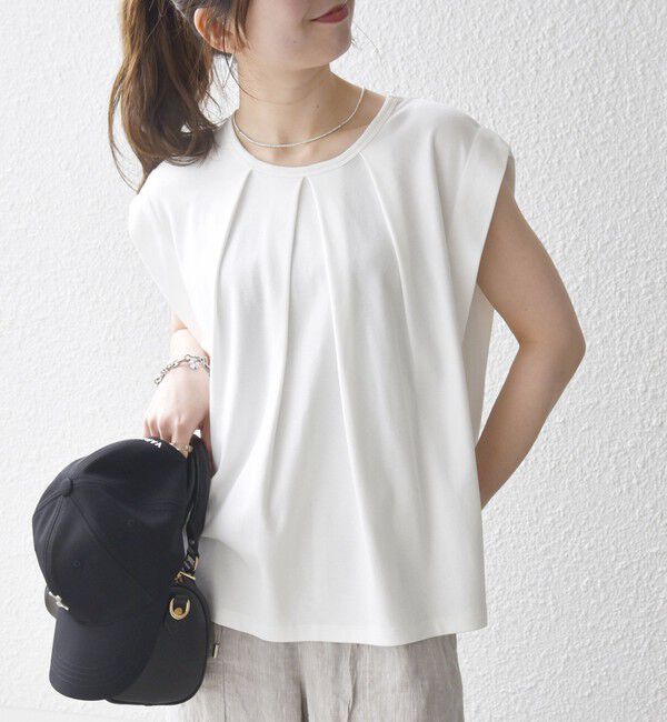 SHIPS any「SHIPS any:〈接触冷感/汗染み防止加工/洗濯機可能〉タック フレア ノースリーブ TEE」|Tシャツ・カットソー|ホワイト