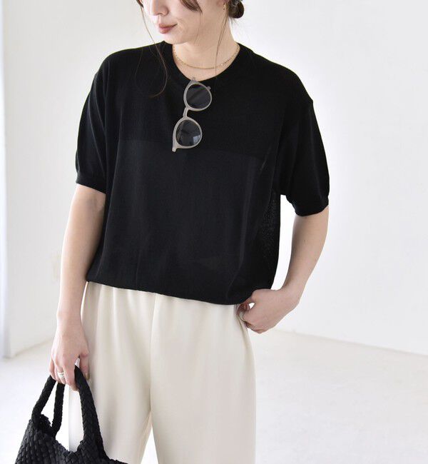quaranciel「quaranciel:〈接触冷感/手洗い可能〉コンパクト シアー ニット TEE」|ニット・セーター|