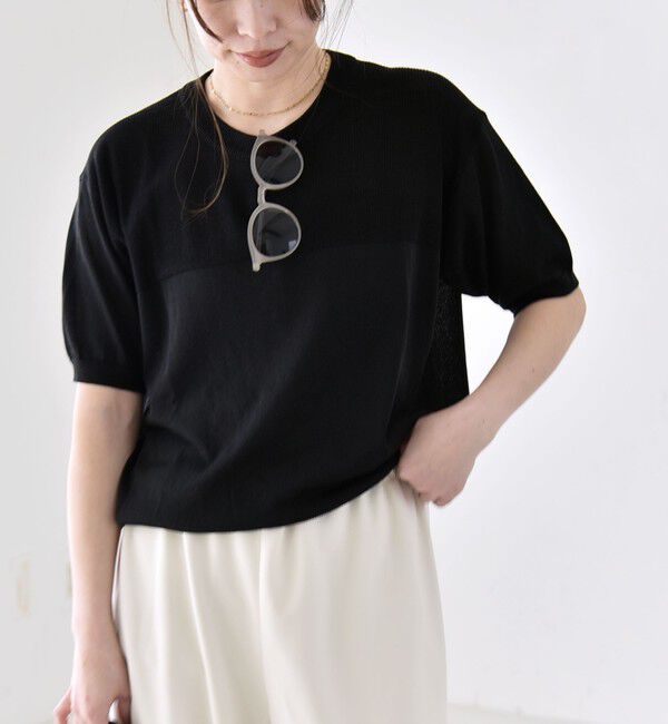 quaranciel「quaranciel:〈接触冷感/手洗い可能〉コンパクト シアー ニット TEE」|ニット・セーター|