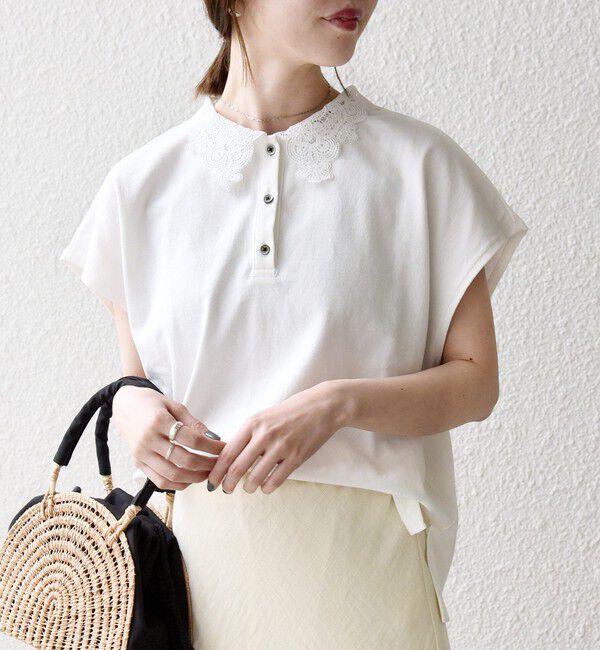 SHIPS any「《一部追加予約》SHIPS any:〈洗濯機可能〉レース カラー フレンチスリーブ ポロ プルオーバー」|Tシャツ・カットソー|オフホワイト