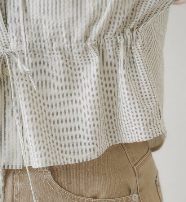  「【チェック&ストライプ】パフフロントリボンシャツ」|シャツ・ブラウス|