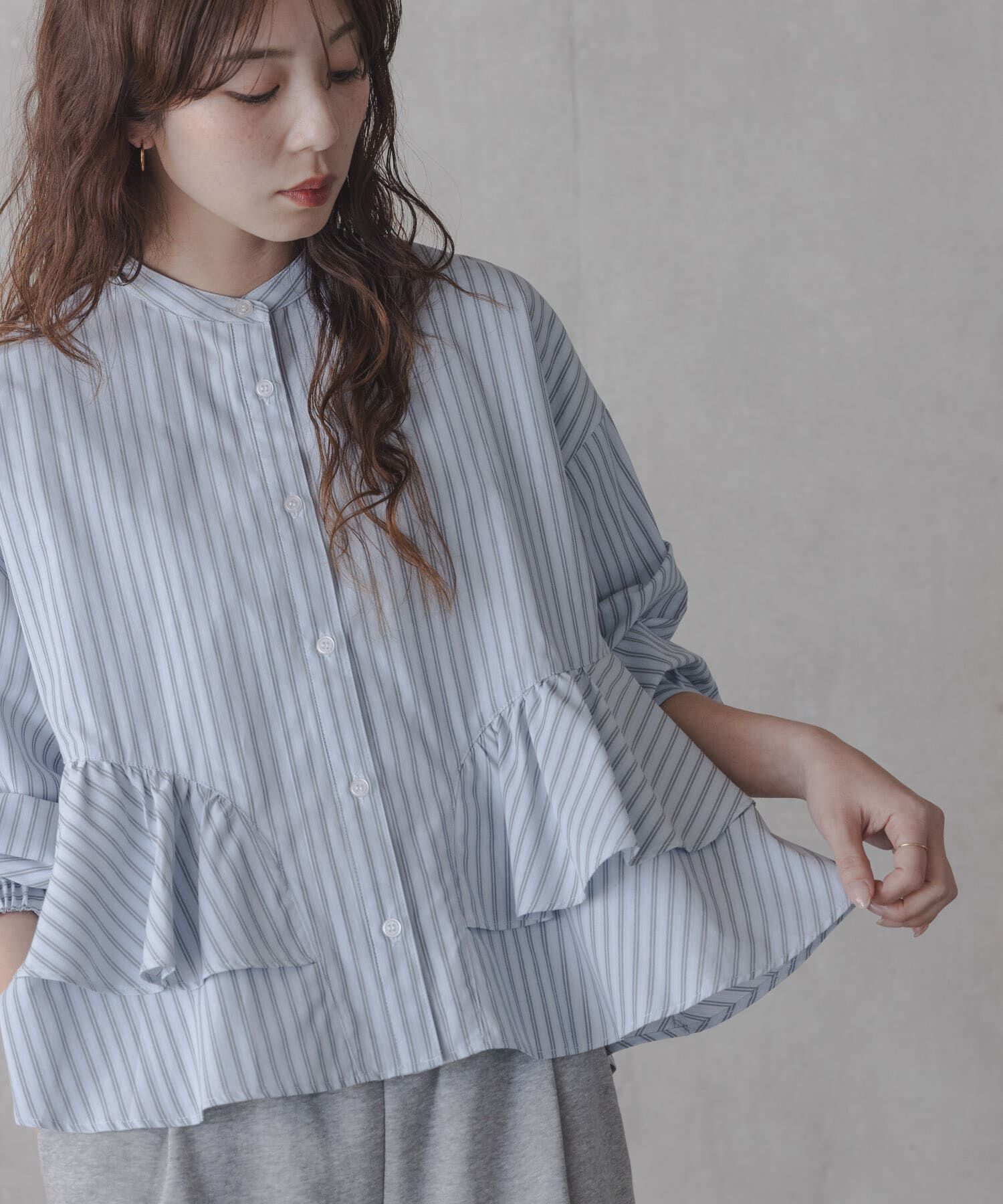 Sonny Label 「『WEB限定』バンドカラーフリルストライプシャツ」|シャツ・ブラウス|ブルー系その他