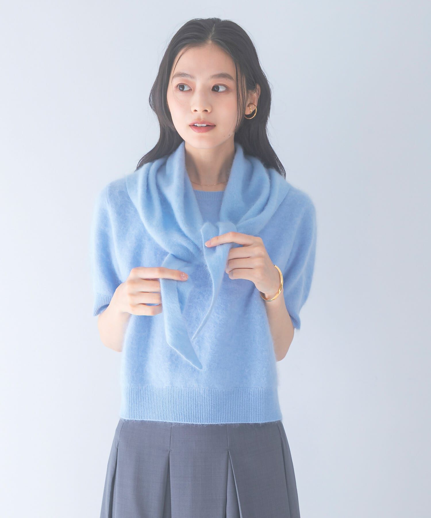 URBAN RESEARCH ROSSO「ストール付ハーフスリーブファーニット」|ニット・セーター|