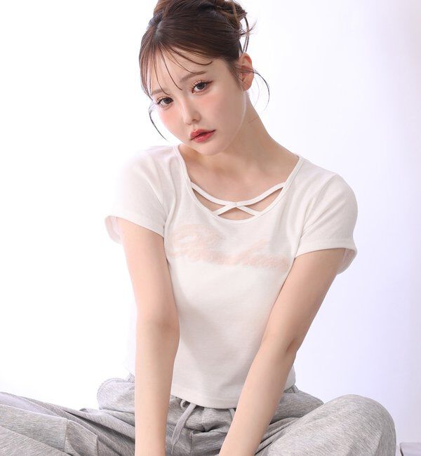  「ホルターネック付きチュールロゴＴシャツ」|プルオーバー|
