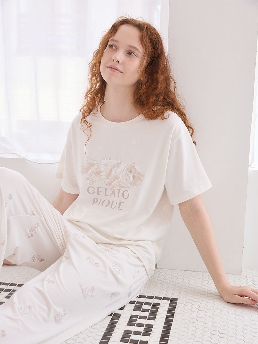 gelato pique「【抗菌防臭】バスタイムCATワンポイントTシャツ」|ルームウェア|