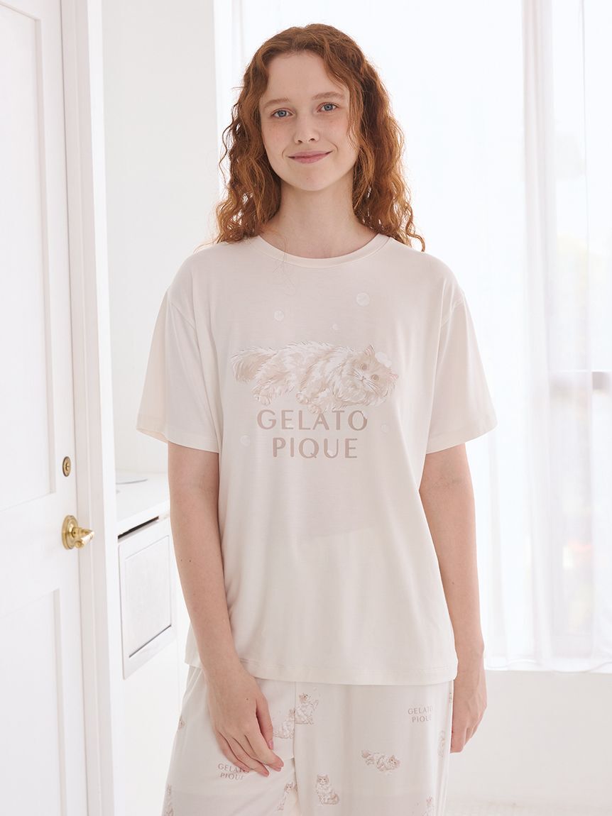 gelato pique「【抗菌防臭】バスタイムCATワンポイントTシャツ」|ルームウェア|