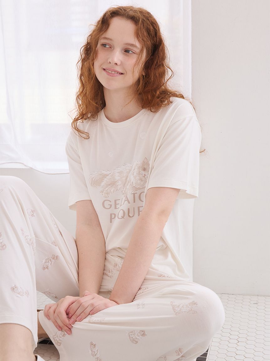gelato pique「【抗菌防臭】バスタイムCATワンポイントTシャツ」|ルームウェア|