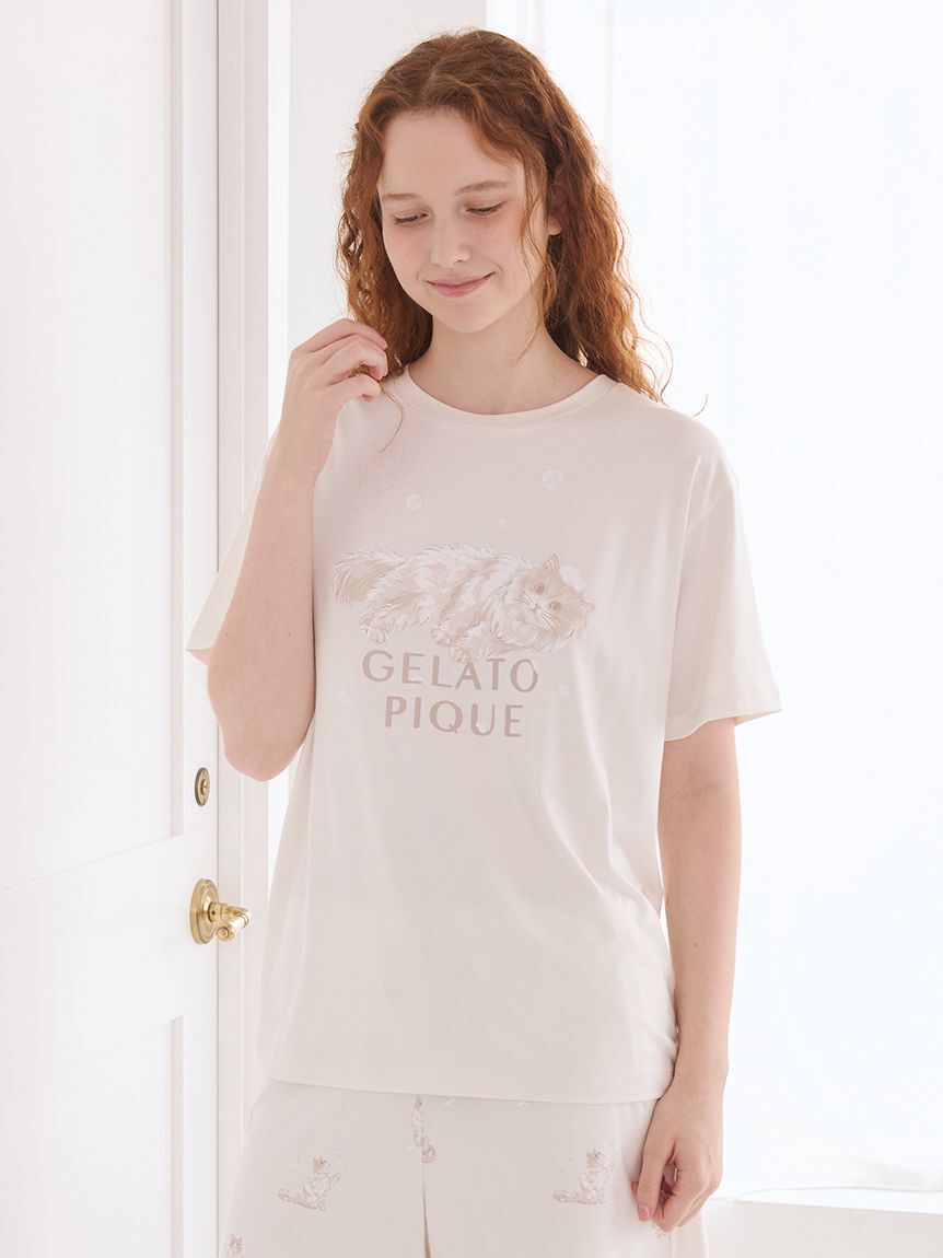 gelato pique「【抗菌防臭】バスタイムCATワンポイントTシャツ」|ルームウェア|