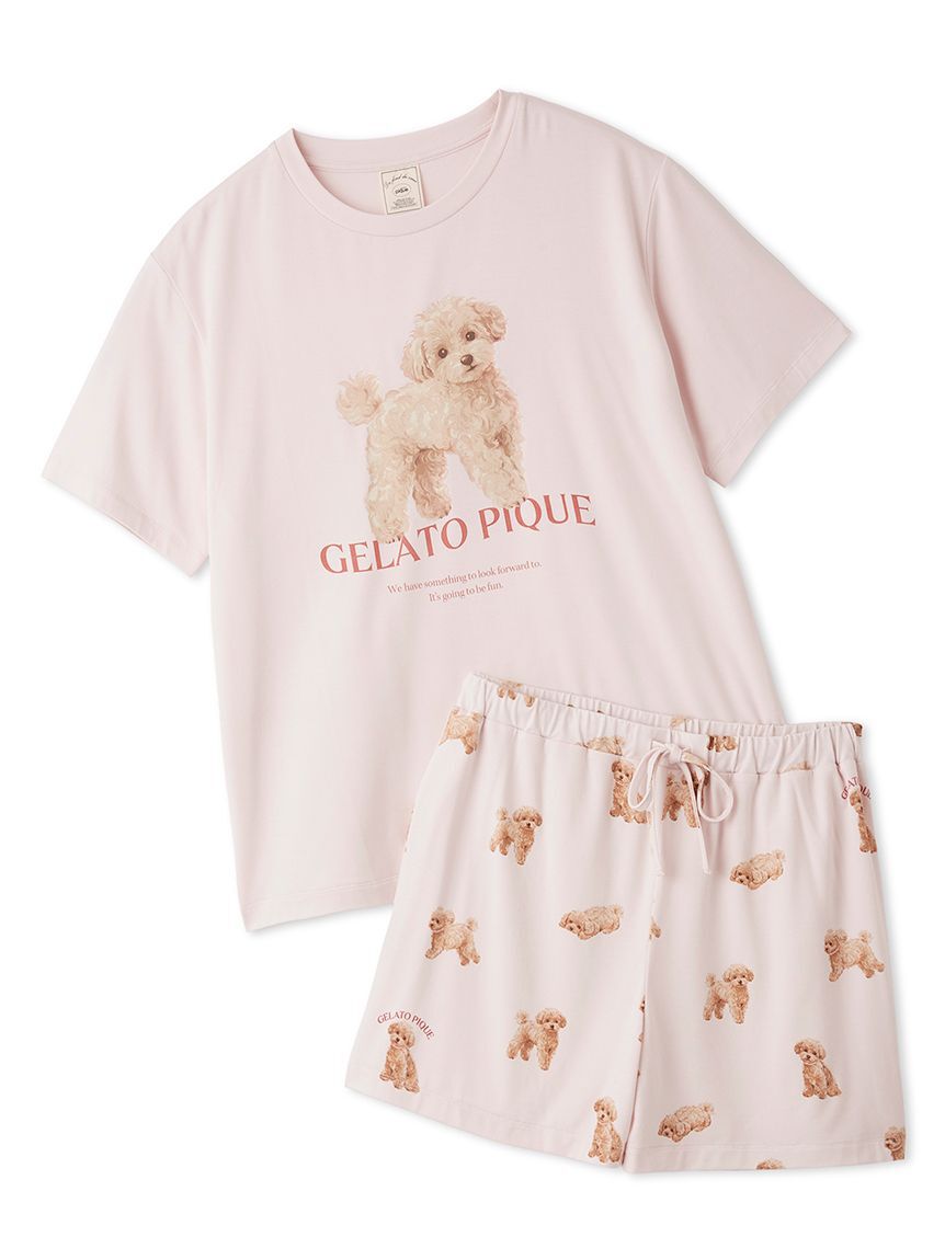 gelato pique「【ONLINE限定】【接触冷感】【UVカット】お散歩ドッグワンポイントTシャツ&ショートパンツセット」|ルームウェア|