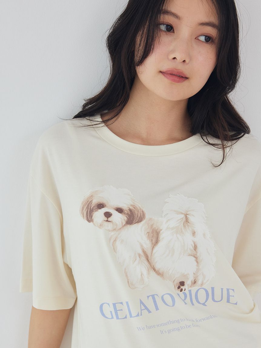 gelato pique「【ONLINE限定】【接触冷感】【UVカット】お散歩ドッグワンポイントTシャツ&ショートパンツセット」|ルームウェア|