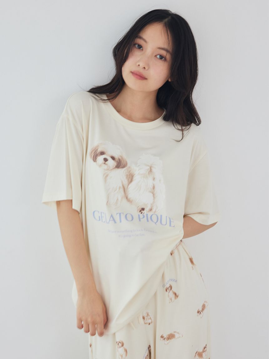 gelato pique「【ONLINE限定】【接触冷感】【UVカット】お散歩ドッグワンポイントTシャツ&ショートパンツセット」|ルームウェア|